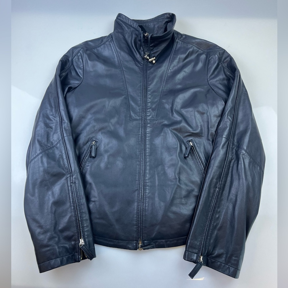 Armani Collezioni Navy Black Leather Zip Jacket